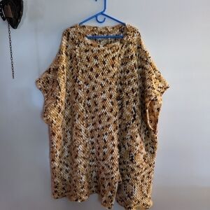VINTAGE Crocheted Long Button Front Poncho Tan Kimono